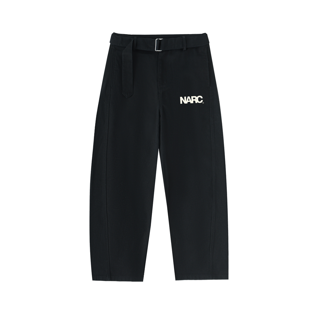 Twisted-Seam Belted Curved-Blade Pants