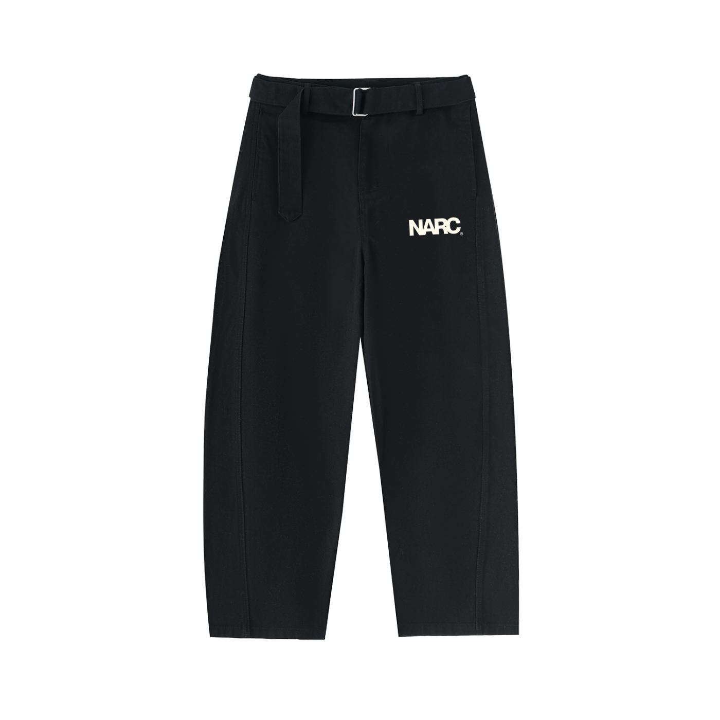 Twisted-Seam Belted Curved-Blade Pants